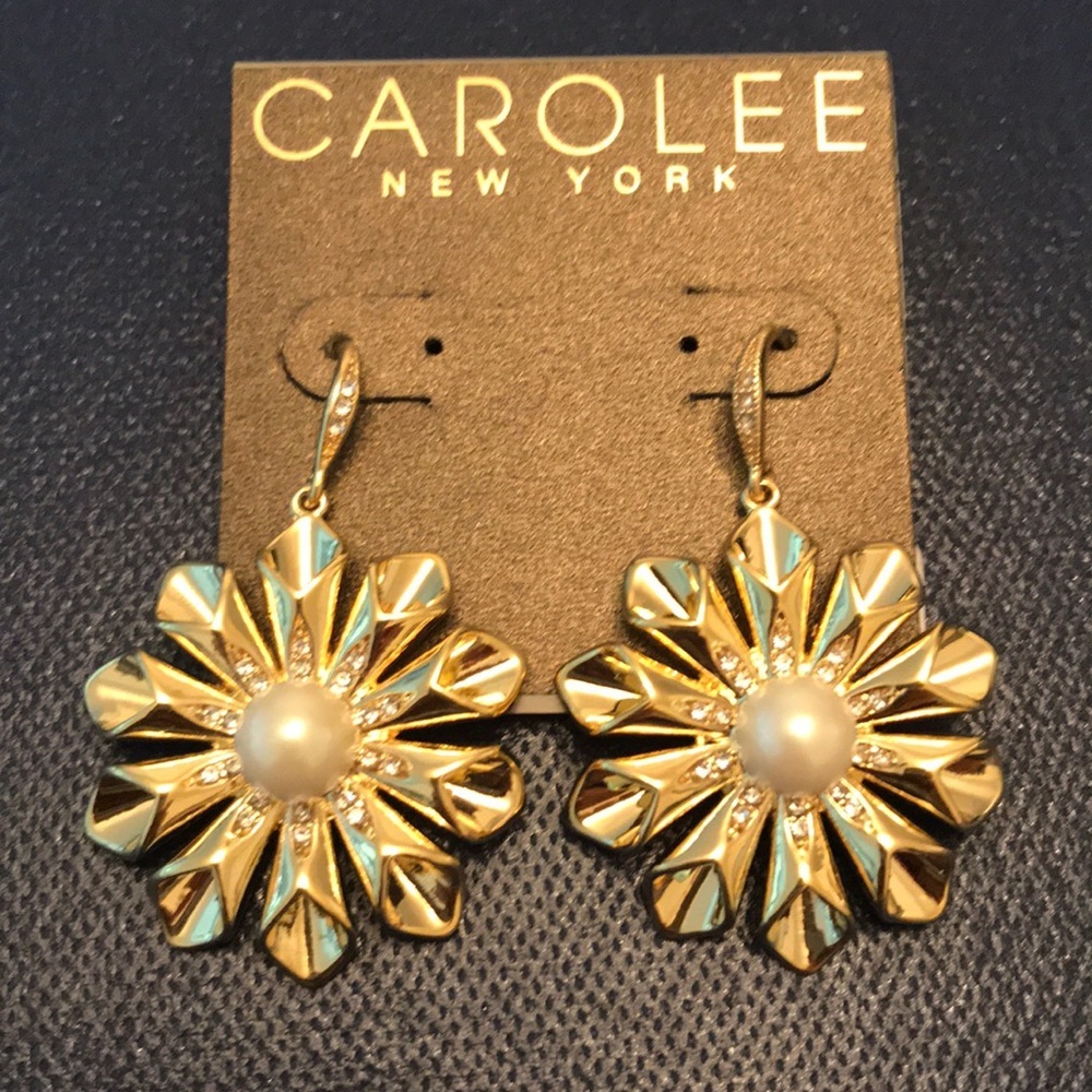 Pearl Glam Floral Burst Pierced Earrings Gold Tone by Carolee